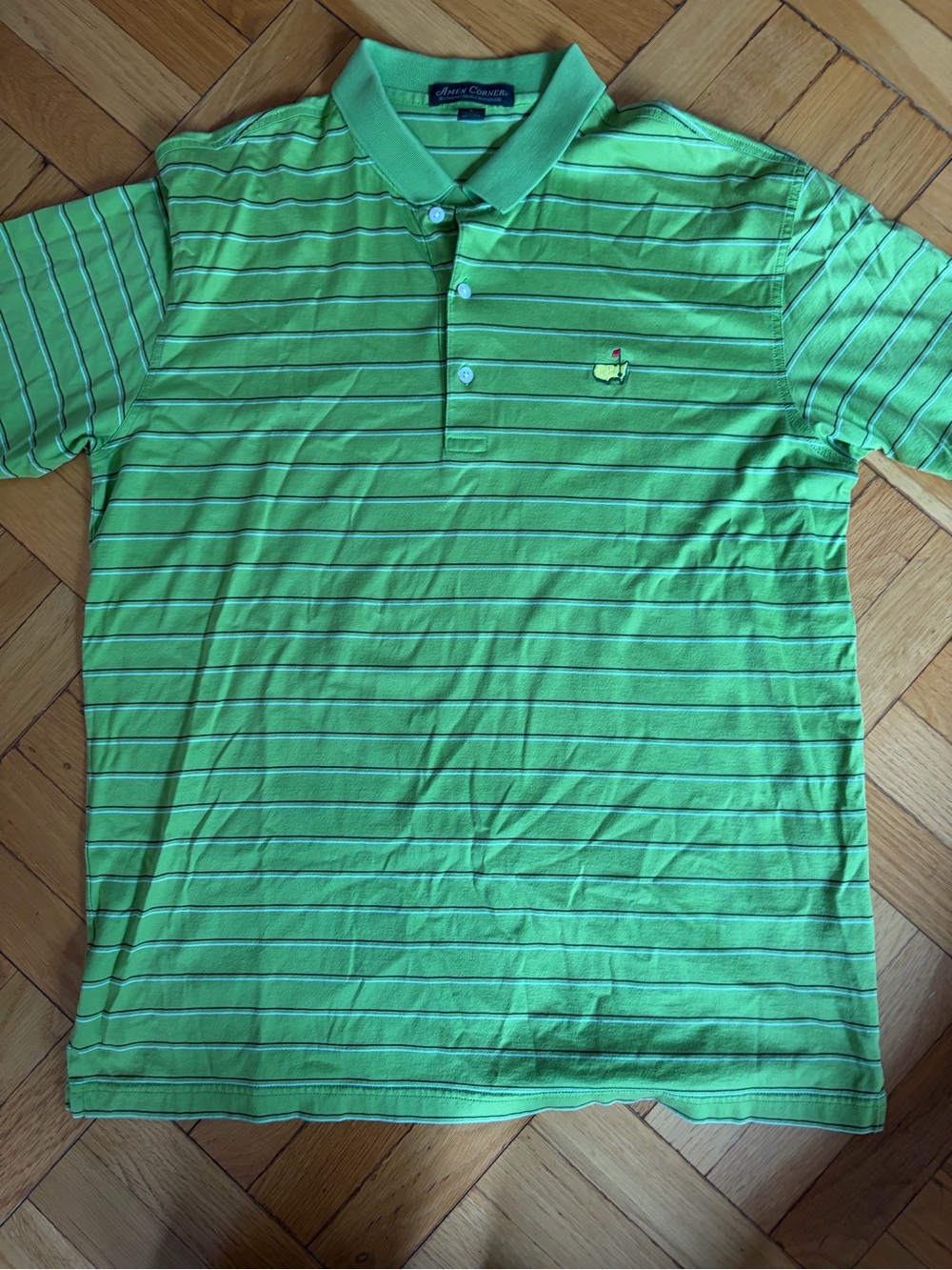 MASTERS Golf Polo Lime Green Striped Polo AMEN Corner Prima Cotton Sz Large
